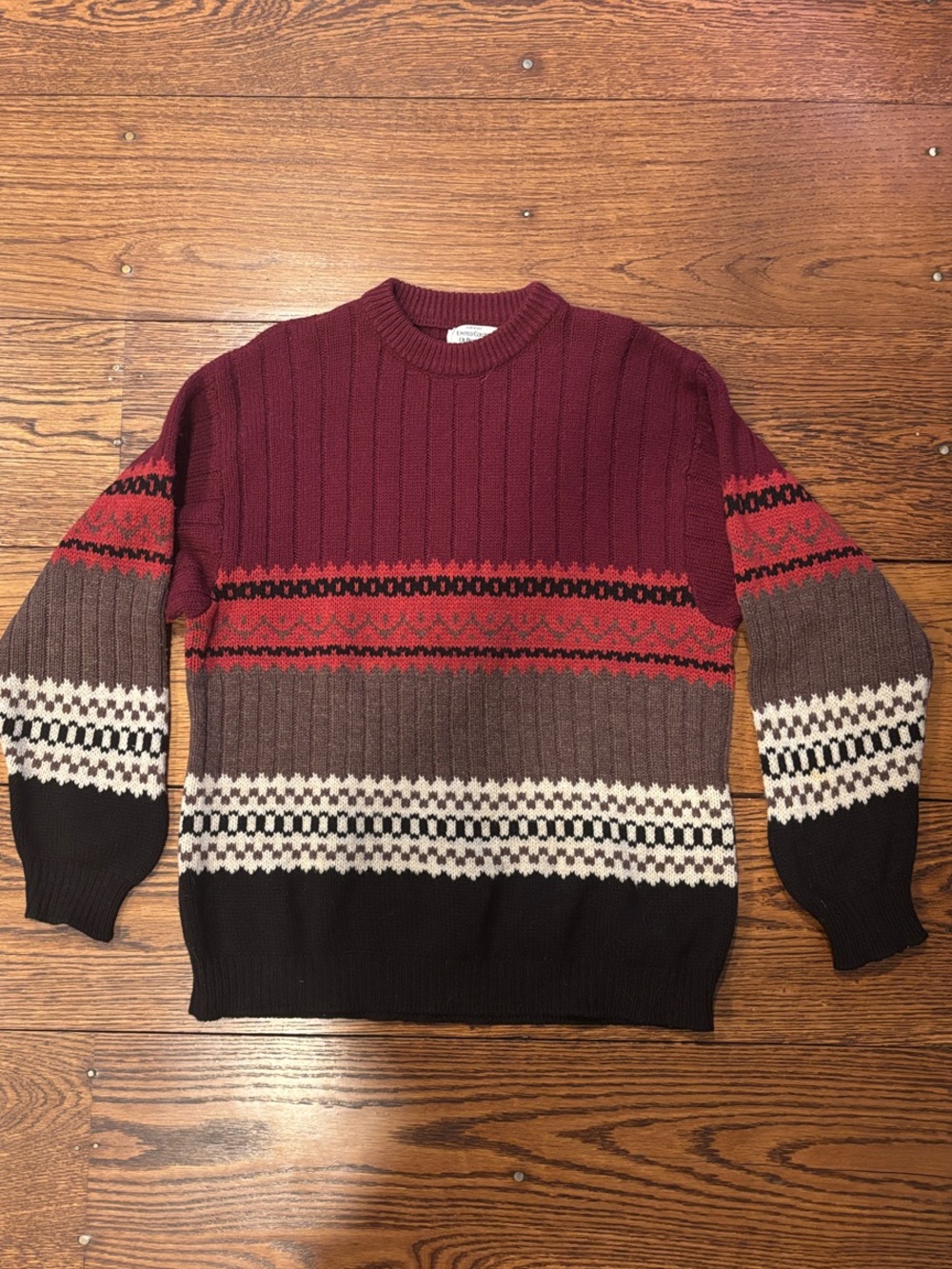 United Colors Of Benetton Maroon Crewneck Sweater with Patterned Bands